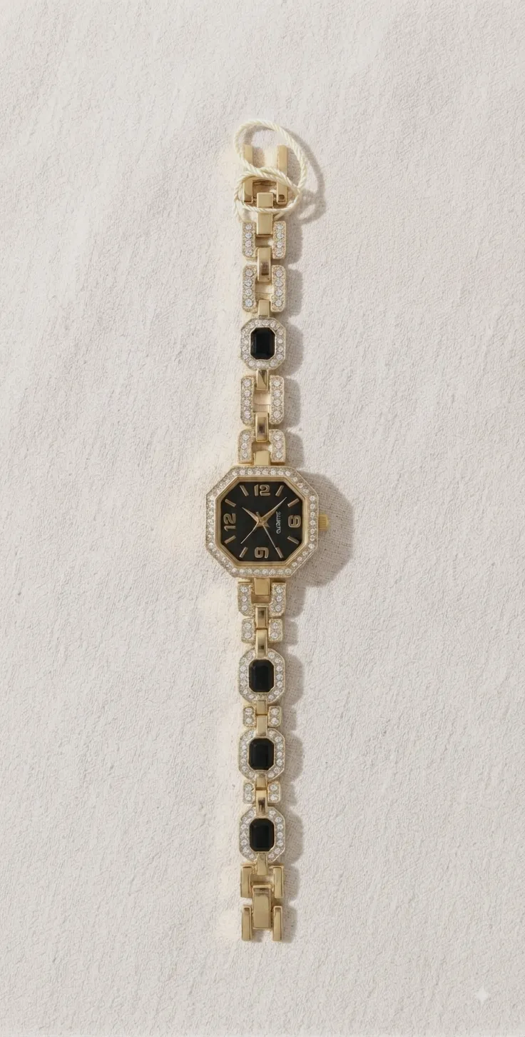 Montre bracelet dorée octogonale strass et fond noir – Quartz – taille Taille unique 3