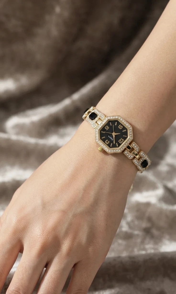 Montre bracelet dorée octogonale strass et fond noir – Quartz – taille Taille unique
