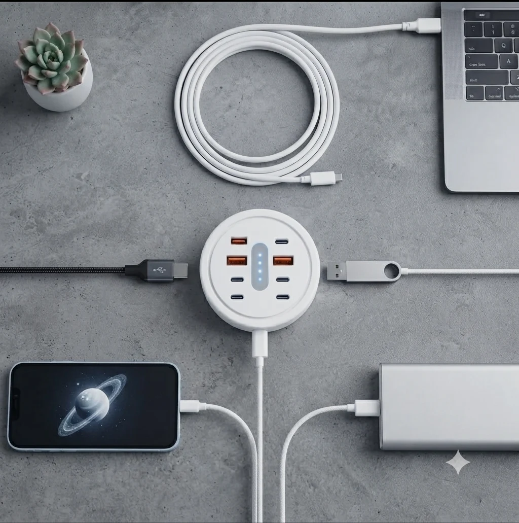 Station de charge USB multiprises ronde blanche – Accessoires