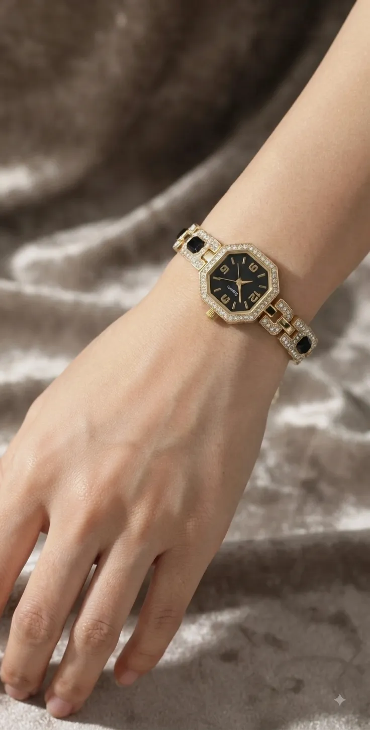 Montre bracelet dorée octogonale strass et fond noir – Quartz – taille Taille unique 2