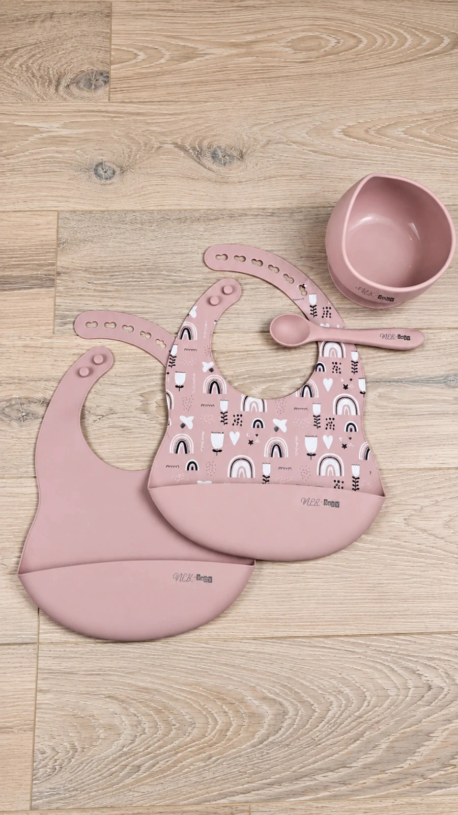 Set Repas Bébé Silicone Rose Bavoir Bol Ventouse Cuillère Neuf