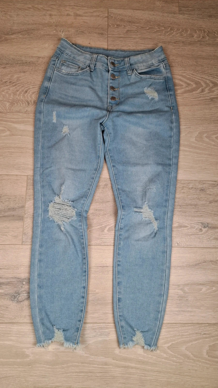 Jean skinny taille haute SHEIN taille 36 – bleu clair destroy – boutons – Shein – taille S / 36 / 8