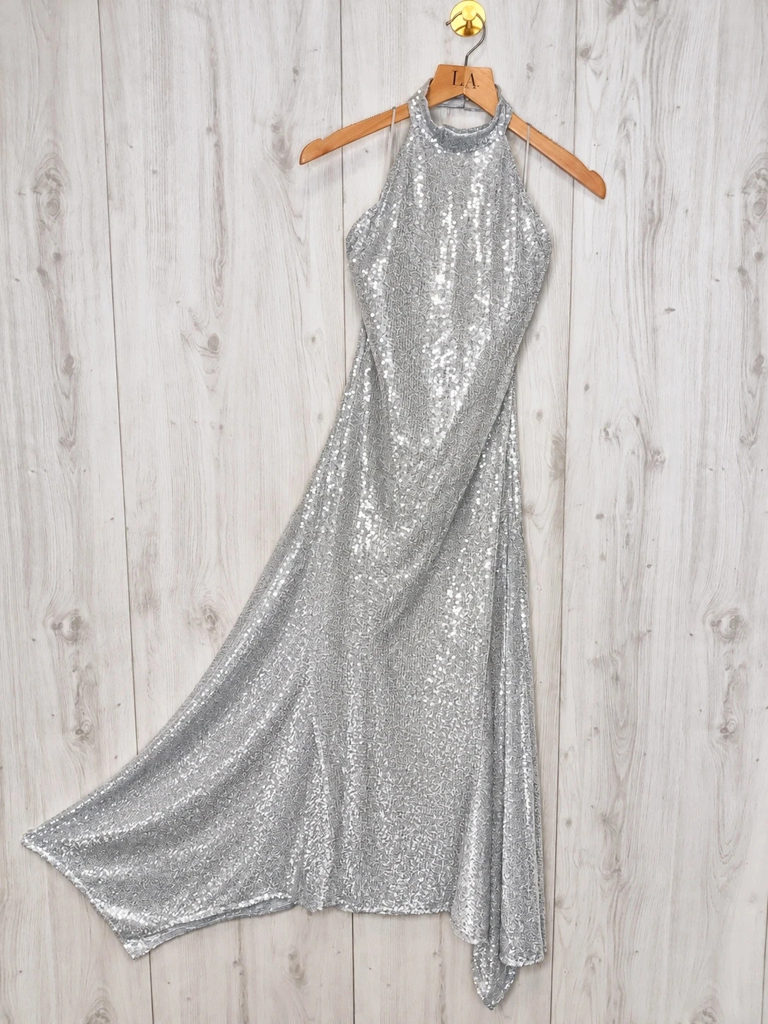 Robe longue de soirée Bershka argentée à sequins – dos nu – M
