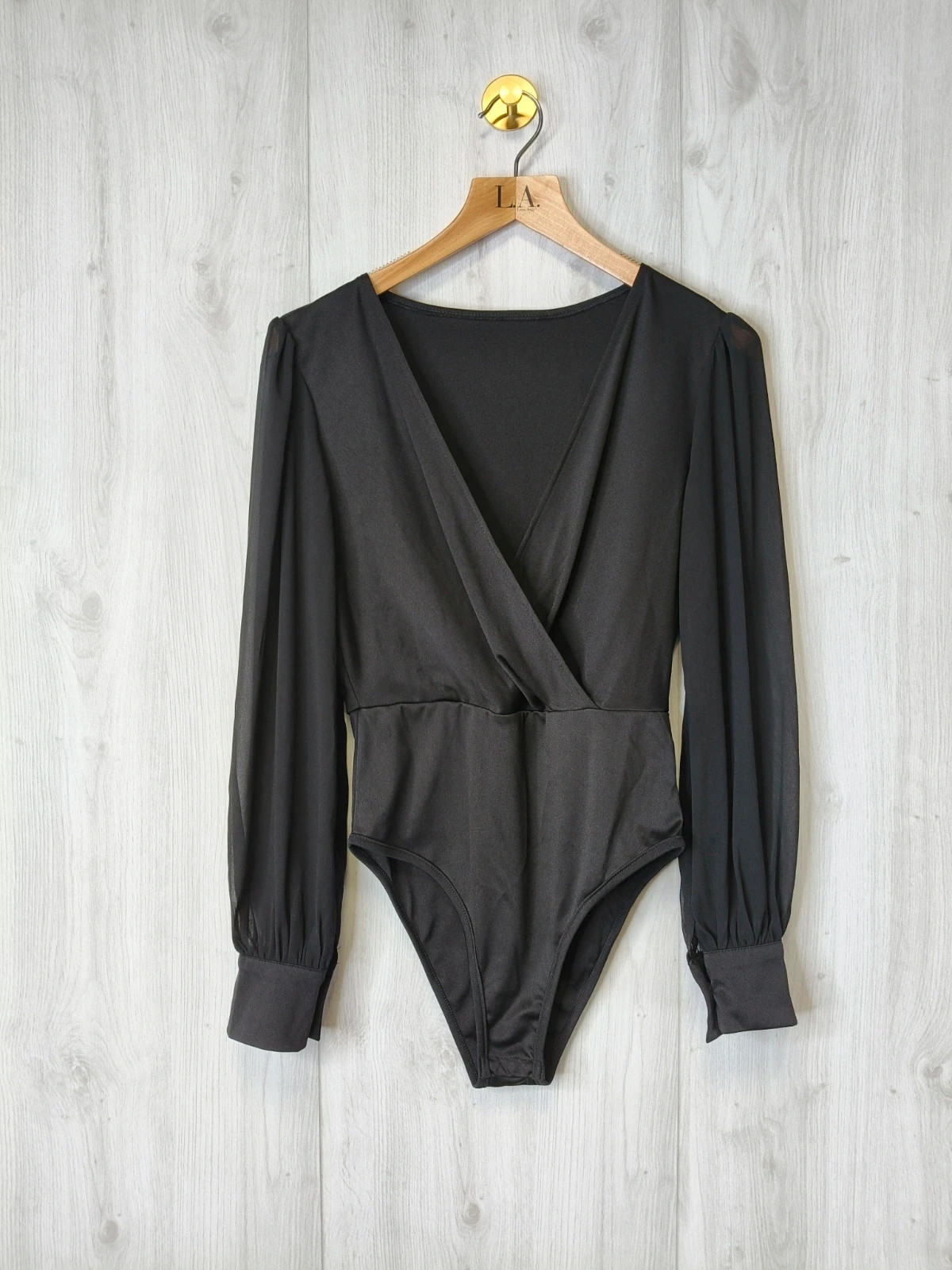 Body noir SHEiN satiné – manches transparentes bouffantes – S – neuf – Shein – taille S / 36 / 8
