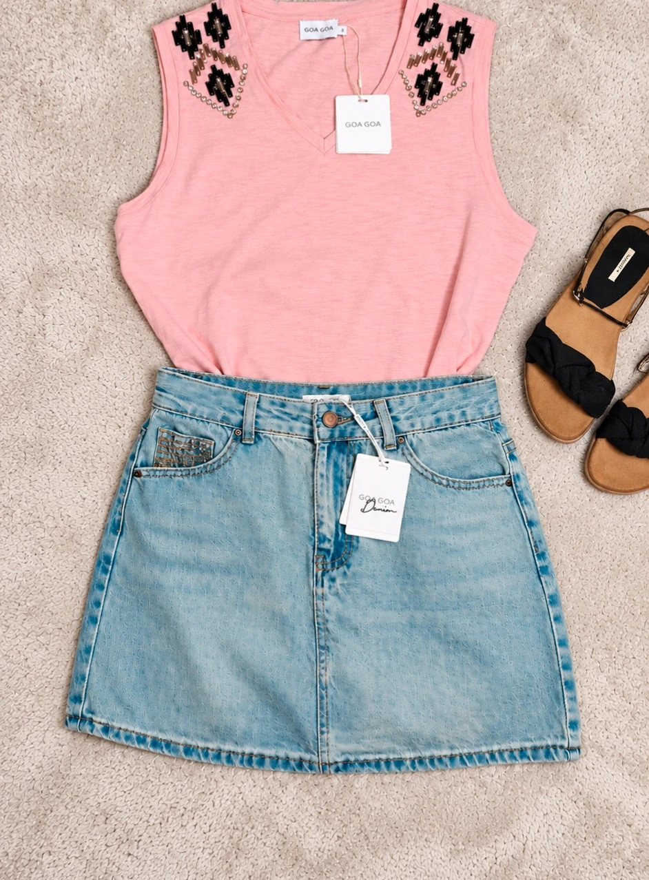 Jupe-short en jean bleu clair broderies dorées