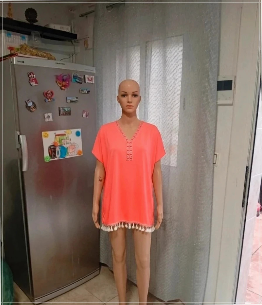 Caftán Playero Rosa con Bordados y Flecos - Talla Única en la etiqueta pone S/M