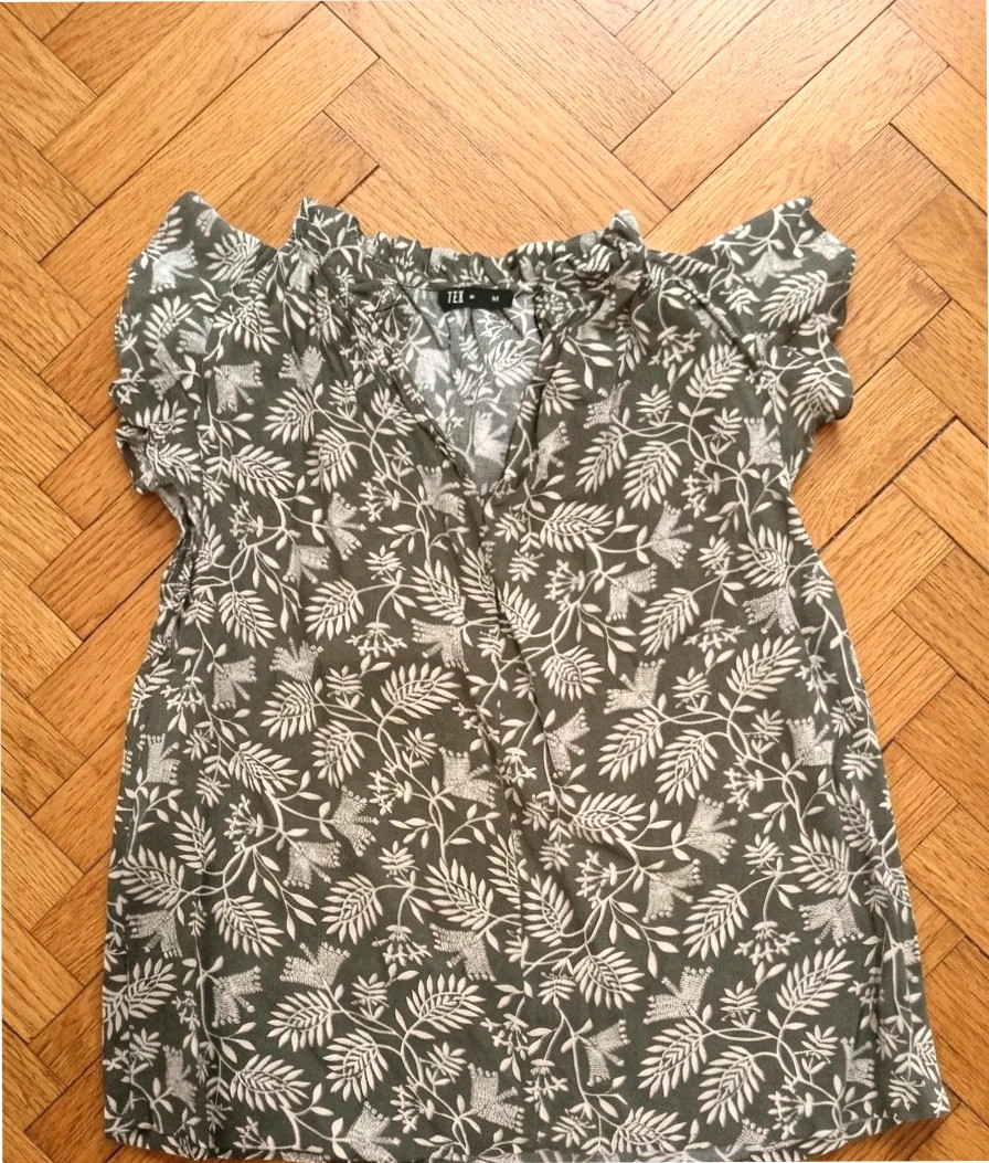 Blusa TEx Verde Oliva con Estampado Botánico – Talla M – TEX – taille M / 38 / 10