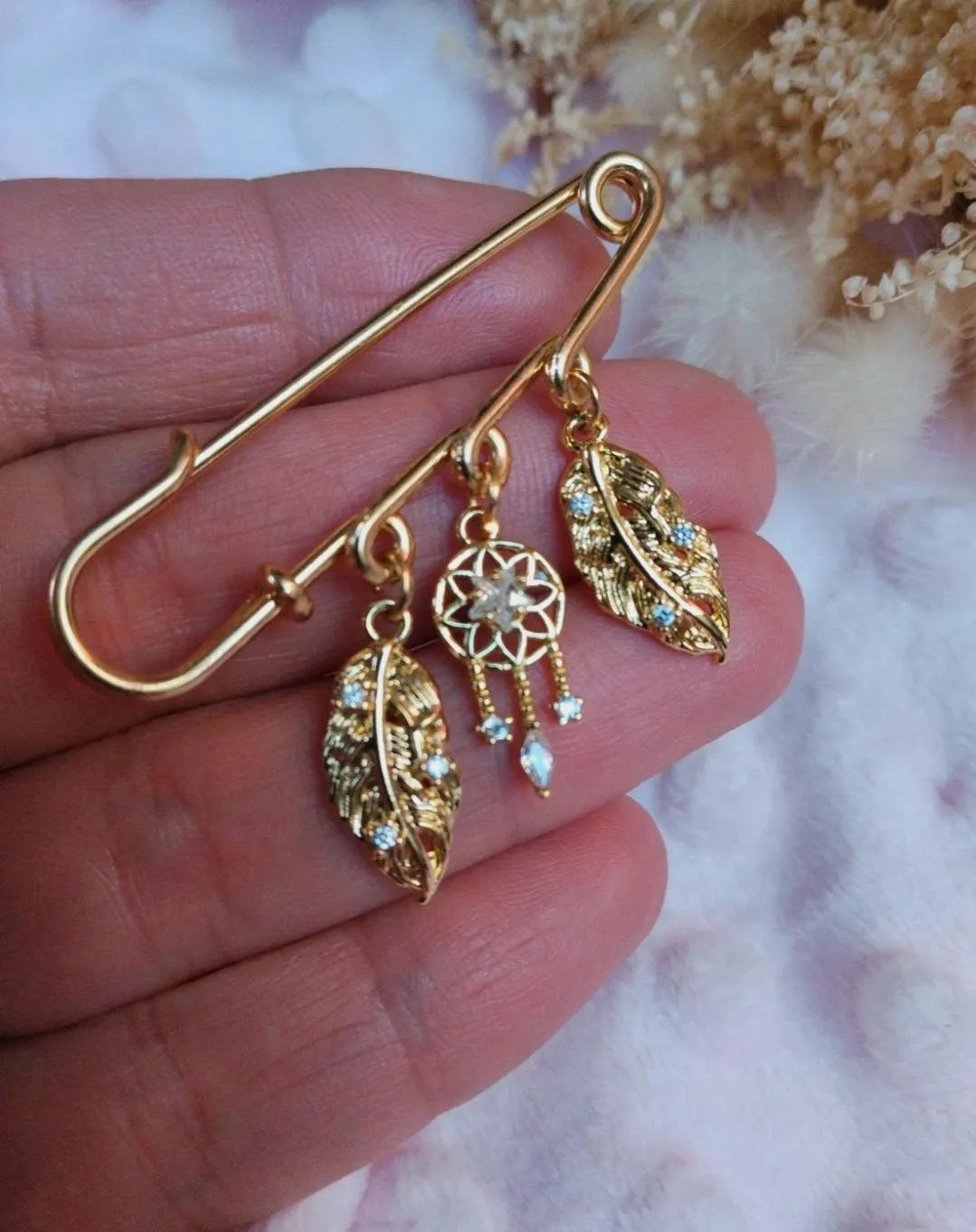 Broche épingle attrape rêve, dorée, strass  – Handmade 2