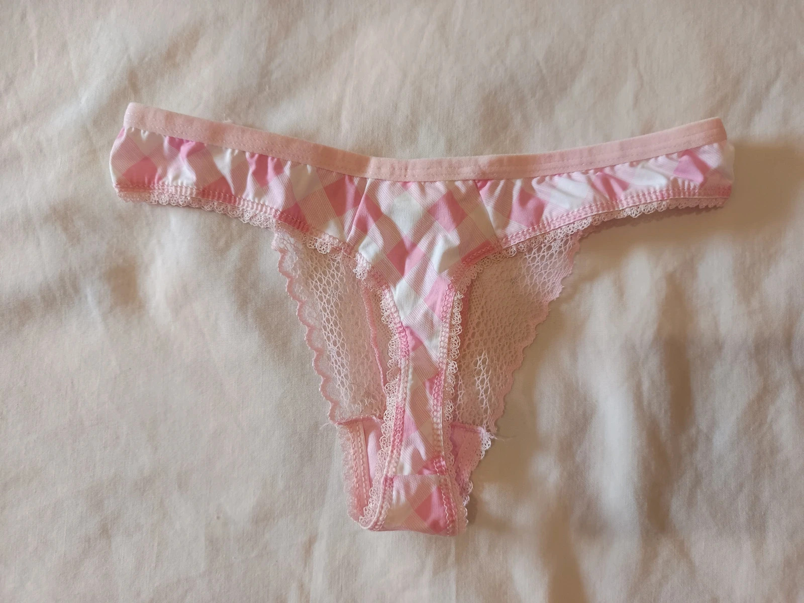 Tanga / String vintage estilo Y2K de encaje y estampado vichy rosa y blanco 🌸 – Donna's – taille S / 36 / 8 3