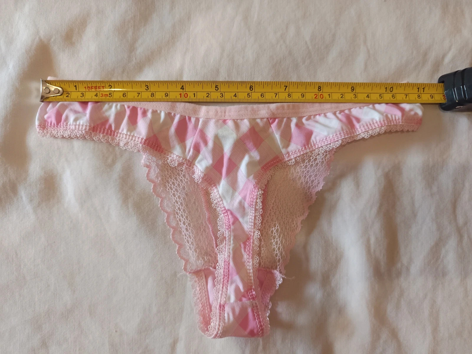 Tanga / String vintage estilo Y2K de encaje y estampado vichy rosa y blanco 🌸 – Donna's – taille S / 36 / 8 4