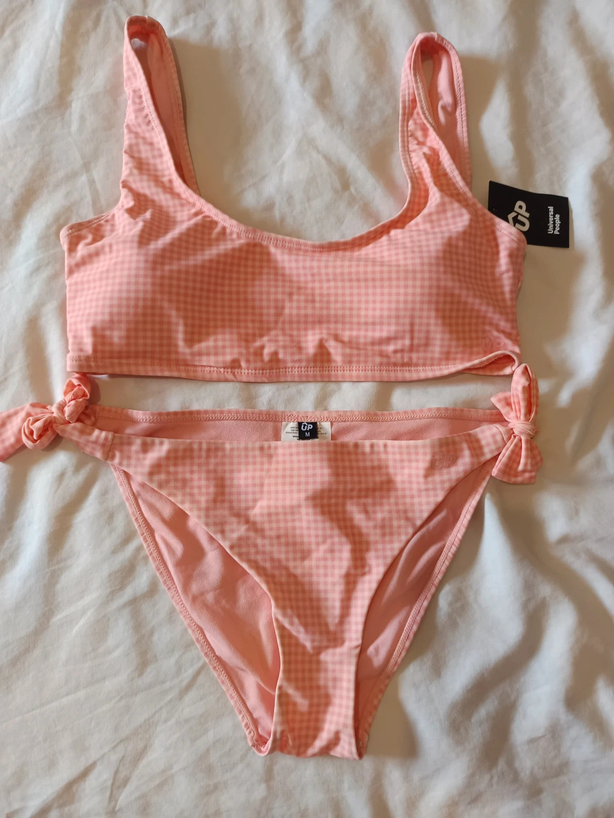 Bikini 2 piezas estilo Coquette / Y2K en estampado Cuadro Vichy Blanco y coral/rosita clarito