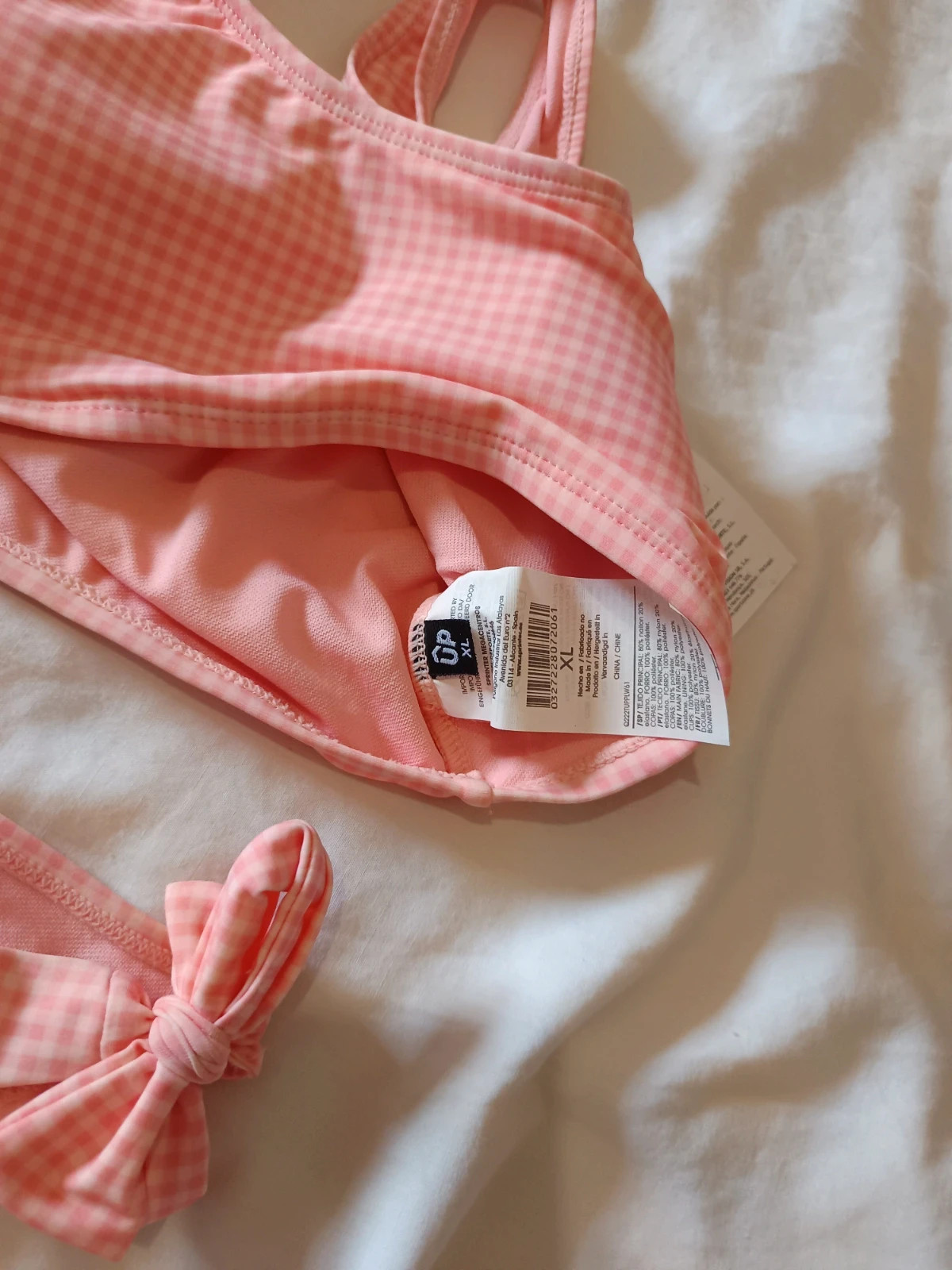 Bikini 2 piezas estilo Coquette / Y2K en estampado Cuadro Vichy Blanco y coral/rosita clarito – UP – taille M / 38 / 10 5