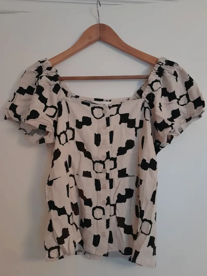 Blusa H&M Lino – Mangas Abullonadas – crema/Negro – T34 – H&M – taille XS / 34 / 6