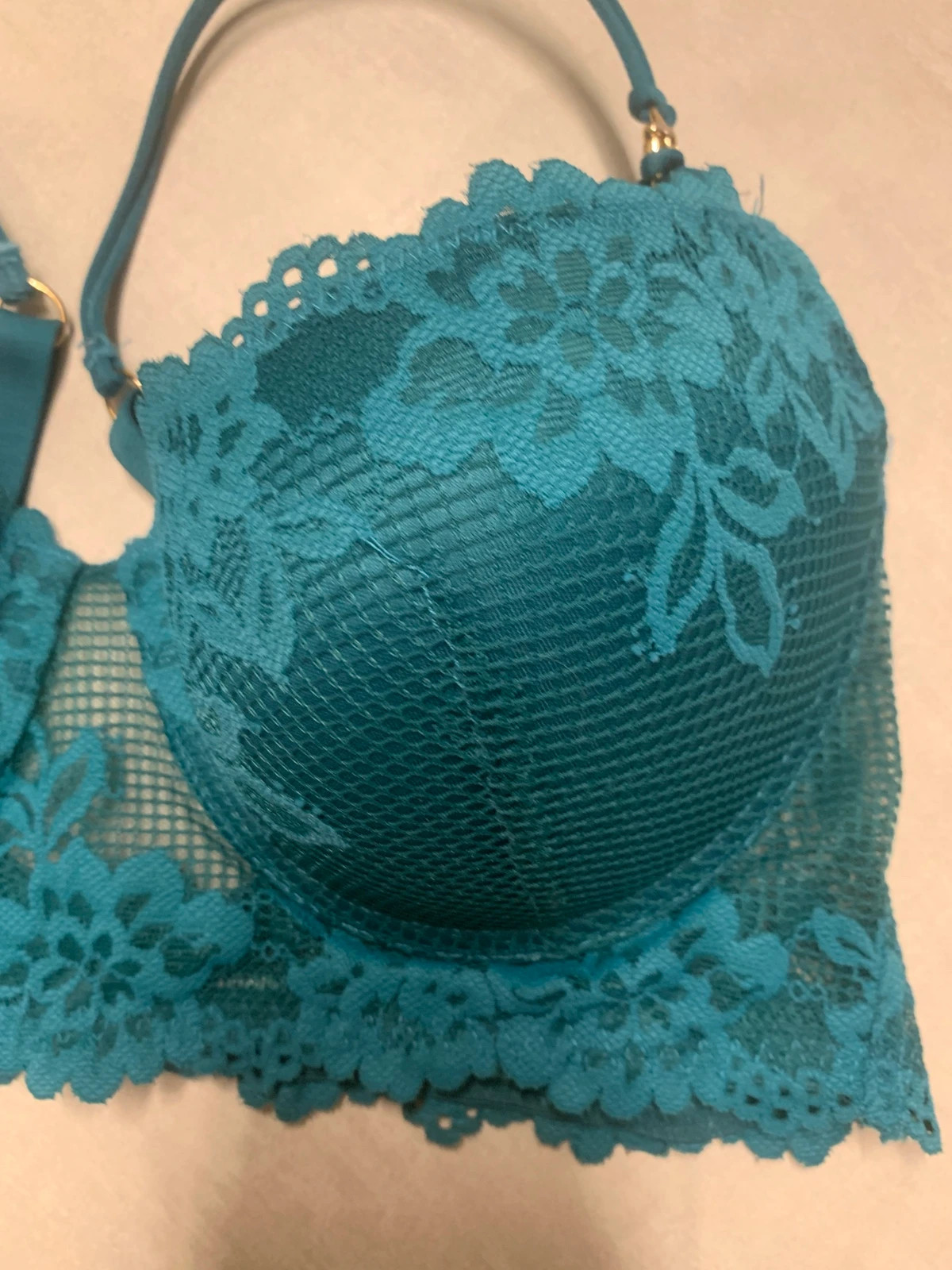 Soutien-gorge Undiz bleu canard / vert – dentelle florale – 90D – coques rembourrées – Undiz – taille 90D 3