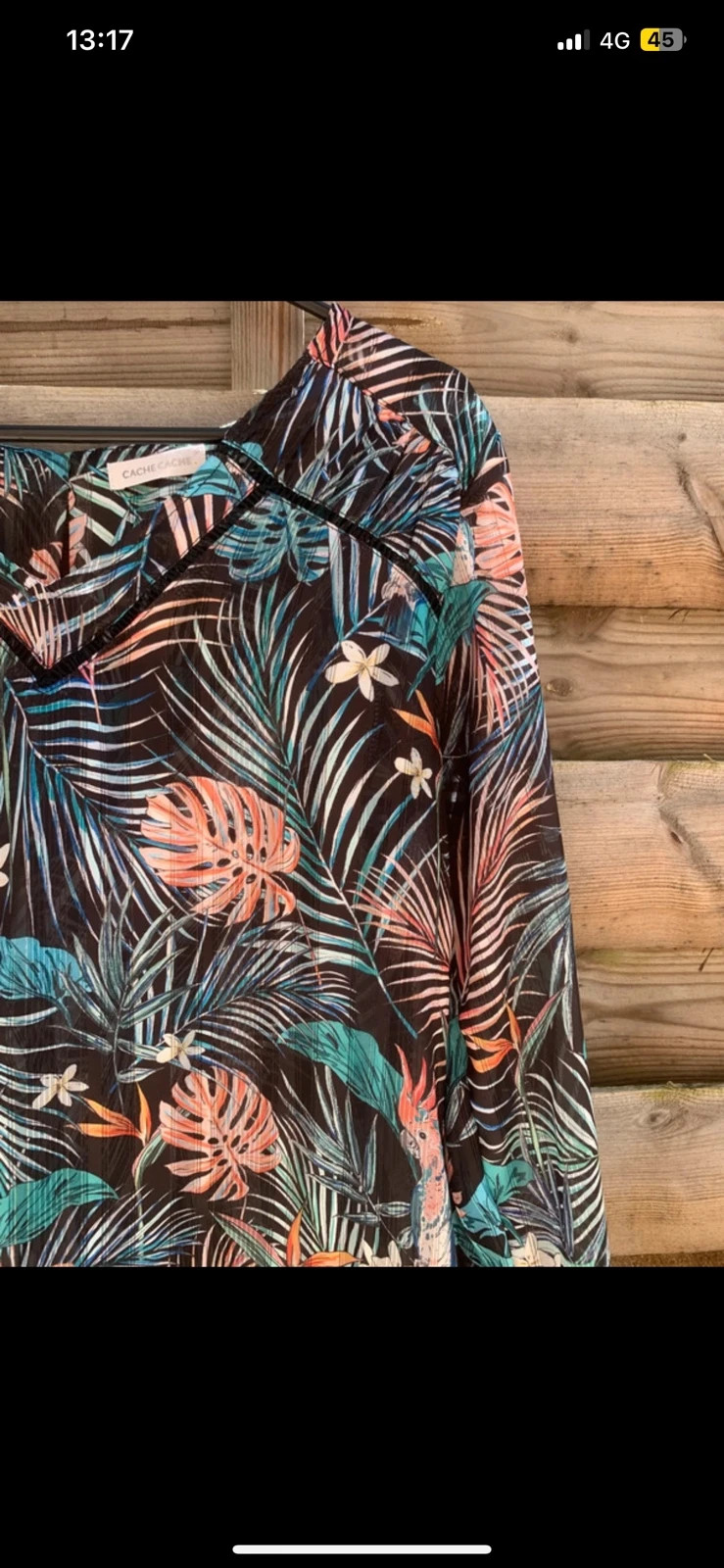Blouse Cache Cache imprimé tropical fleuri exotique noir turquoise corail T36/S – Cache Cache – taille S / 36 / 8 5
