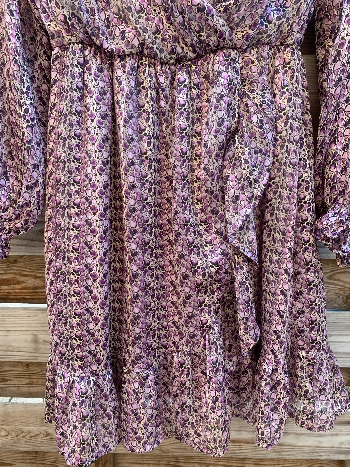 Robe Cerise Blue S – imprimé violet fleuri/léopard – cache-cœur & volants – Cerise Blue – taille S / 36 / 8 5