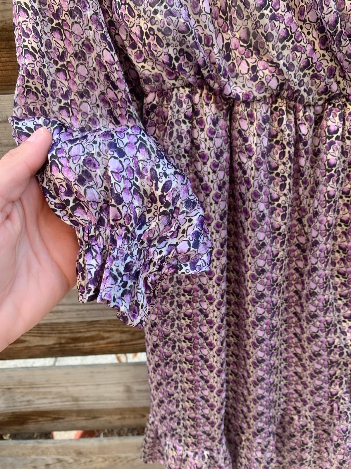 Robe Cerise Blue S – imprimé violet fleuri/léopard – cache-cœur & volants – Cerise Blue – taille S / 36 / 8 4