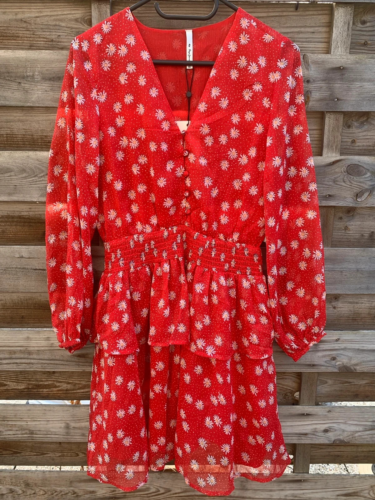 Robe Pepe Jeans fleurie manches longues rouge volants esprit bohème Neuve avec étiquette XS/34 – Pepe Jeans – taille XS / 34 / 6 2