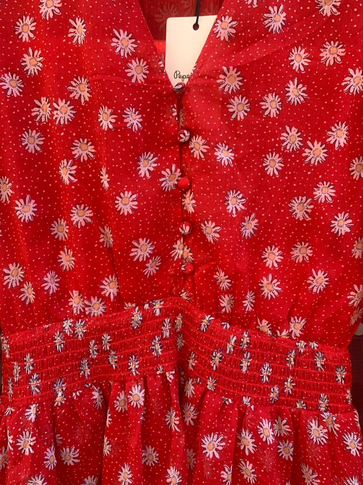 Robe Pepe Jeans fleurie manches longues rouge volants esprit bohème Neuve avec étiquette XS/34 – Pepe Jeans – taille XS / 34 / 6 4