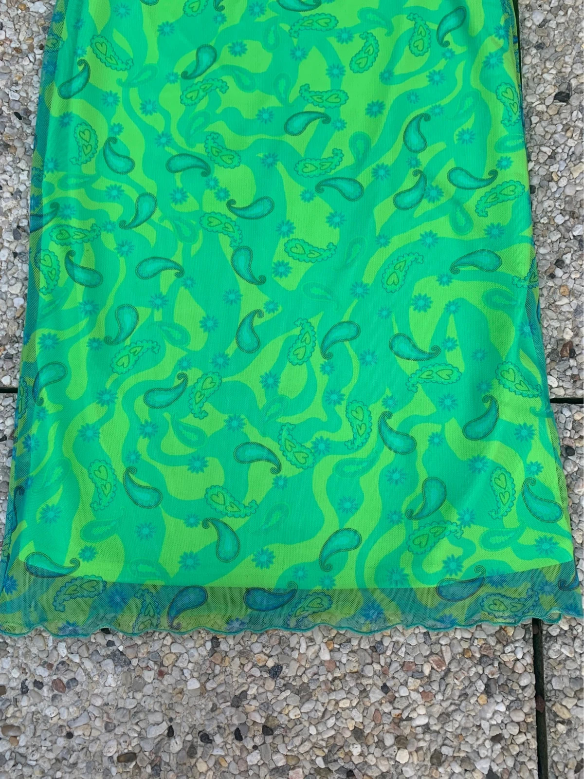 Jupe longue Y2K verte fluo en résille imprimé paisley taille S – doublée – années 2000 – taille S / 36 / 8 3