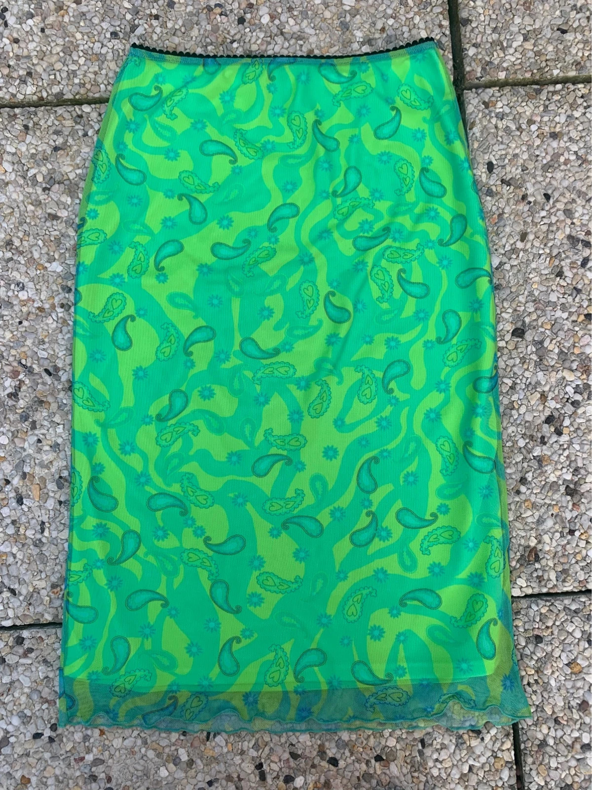 Jupe longue Y2K verte fluo en résille imprimé paisley taille S – doublée – années 2000 – taille S / 36 / 8 5
