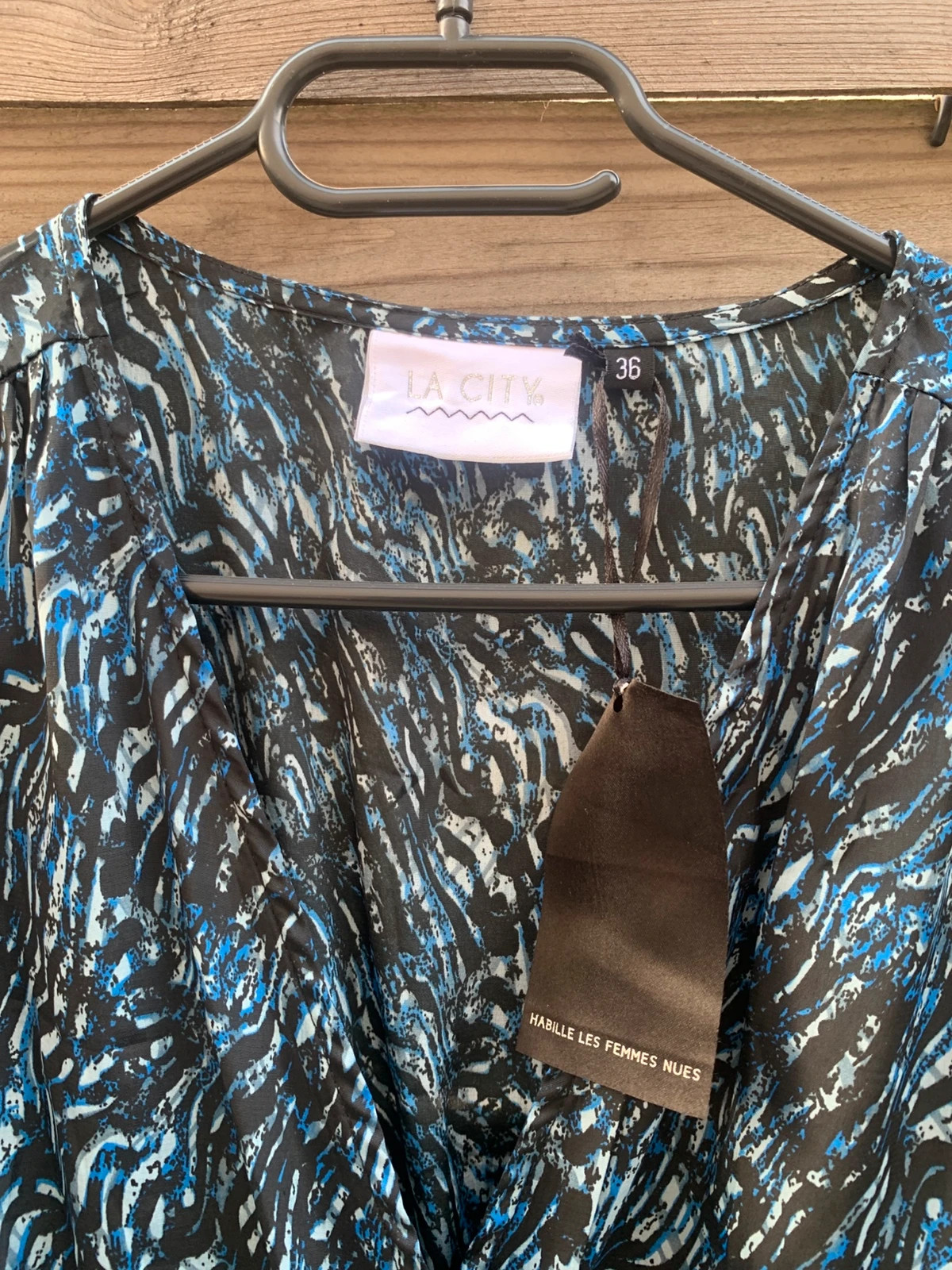 Robe portefeuille La City T36 bleu et noir imprimé – manches longues – comme neuve – La City – taille S / 36 / 8 2