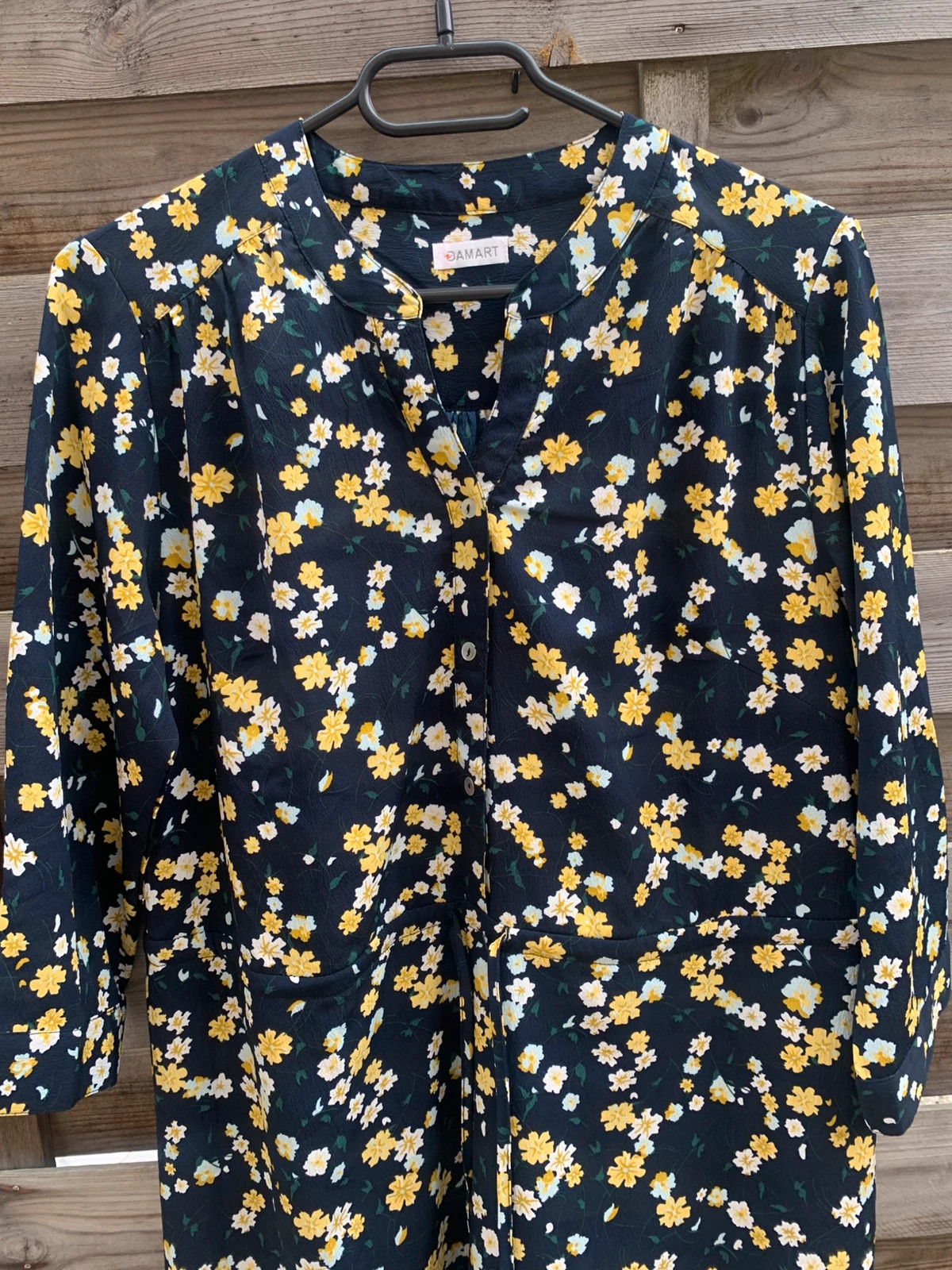 Robe Damart fleurie bleu marine & jaune – Taille 38 – Ceinture à nouer – Doublée – Damart – taille M / 38 / 10 4