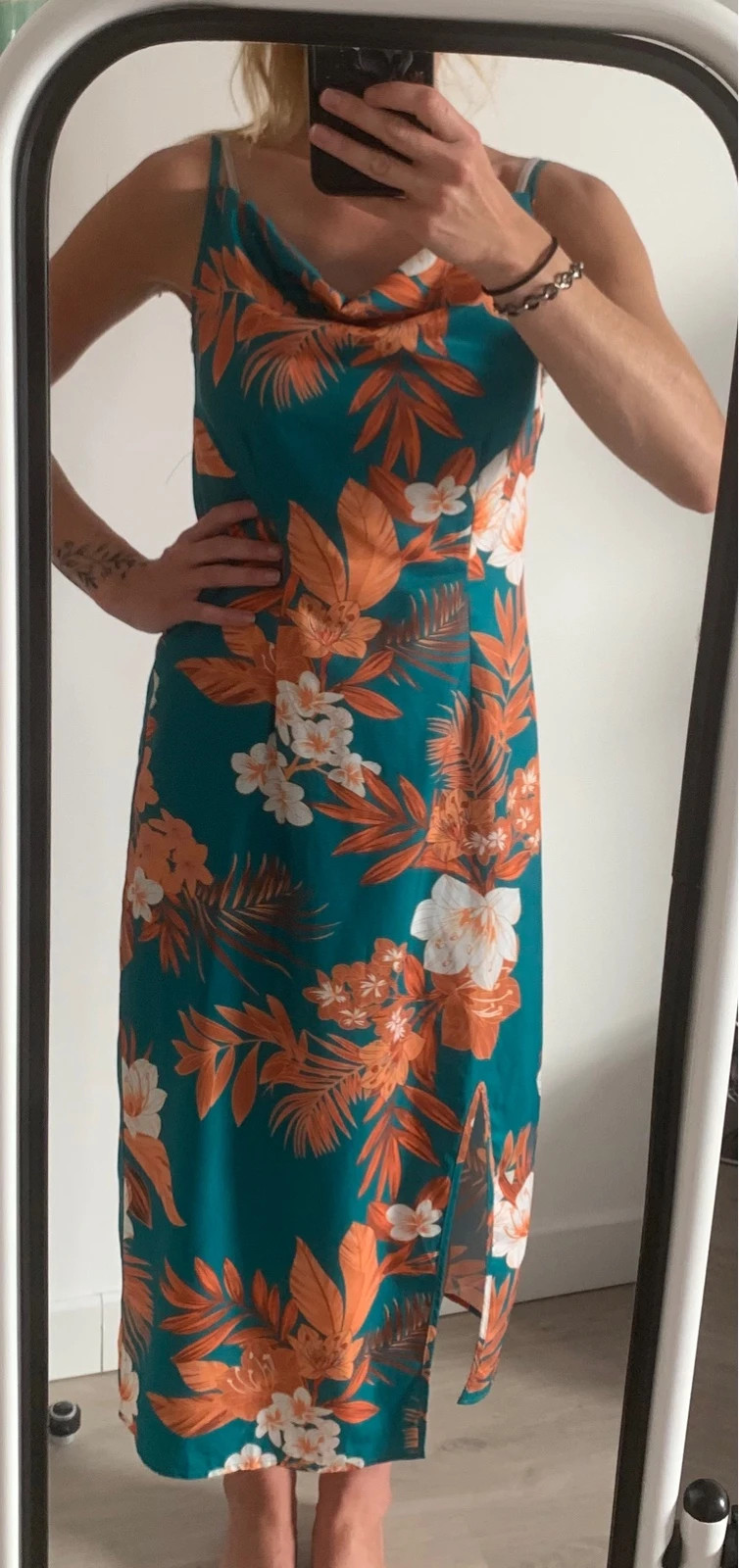 Robe longue Shein T.L – imprimé tropical vert émeraude & corail – bretelles réglables – Shein – taille L / 40 / 12 2