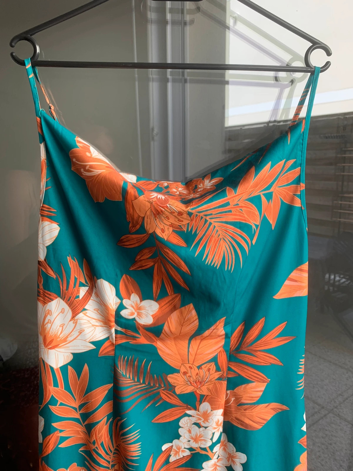 Robe longue Shein T.L – imprimé tropical vert émeraude & corail – bretelles réglables – Shein – taille L / 40 / 12 3