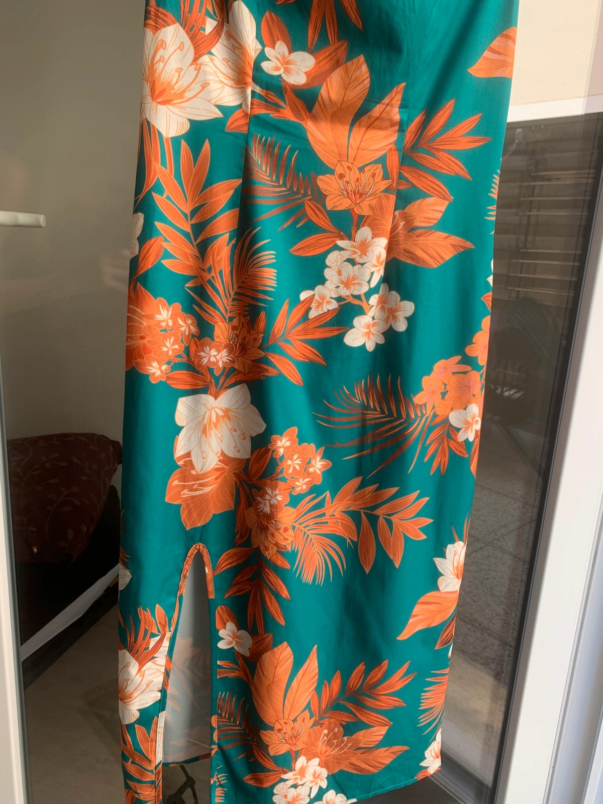 Robe longue Shein T.L – imprimé tropical vert émeraude & corail – bretelles réglables – Shein – taille L / 40 / 12 4