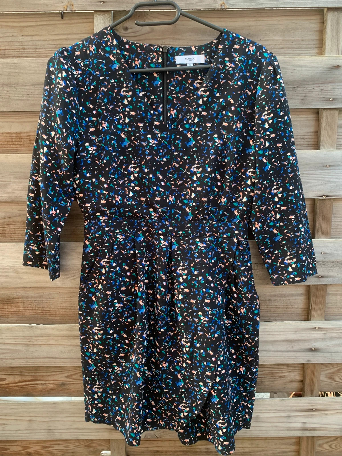 👗 Robe portefeuille Suncoo Paris noire imprimé multicolore manches 3/4 T0 / XS – suncoo – taille XS / 34 / 6 2
