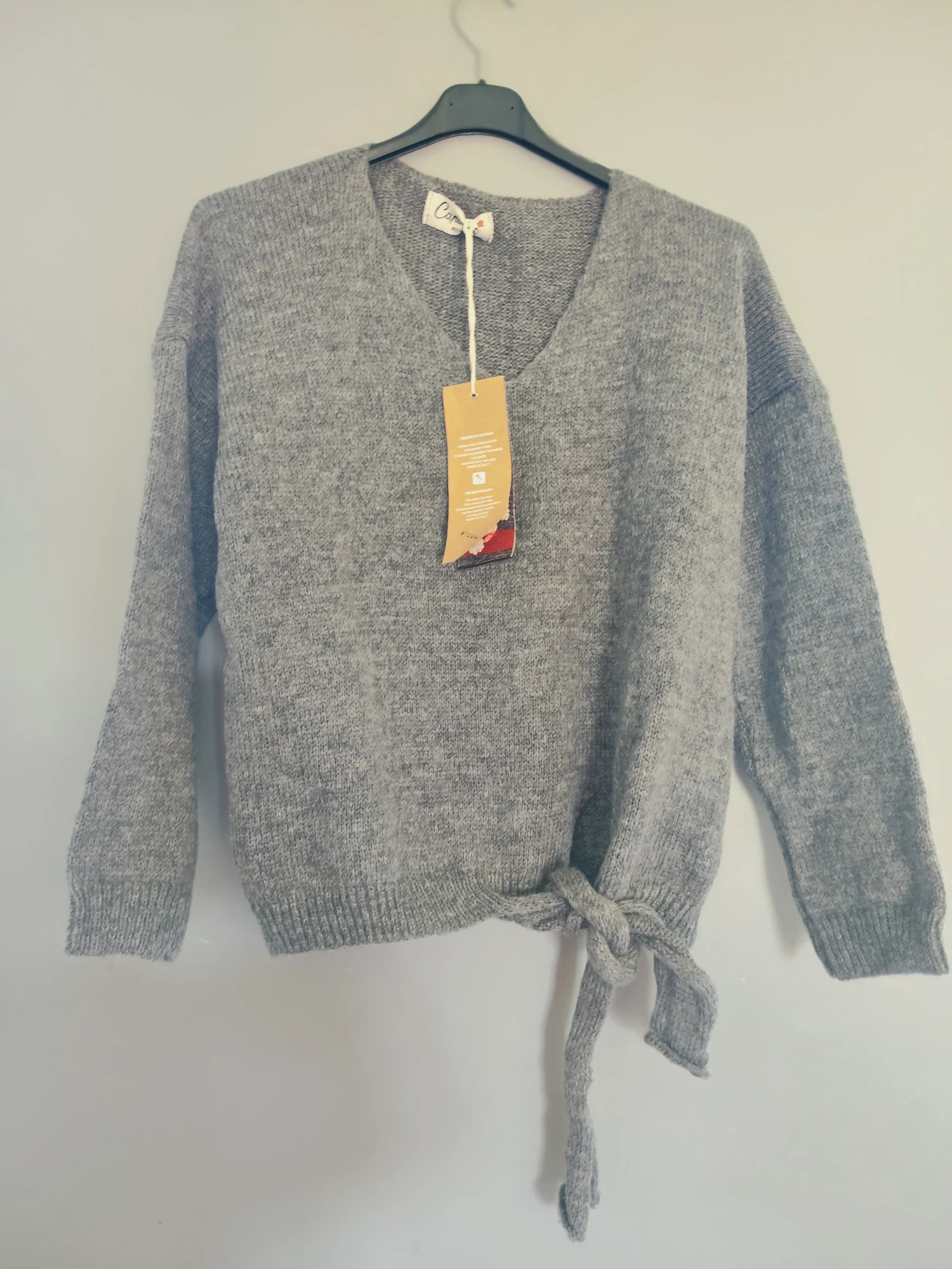 Pull gris col V à nouer Capucine Moda