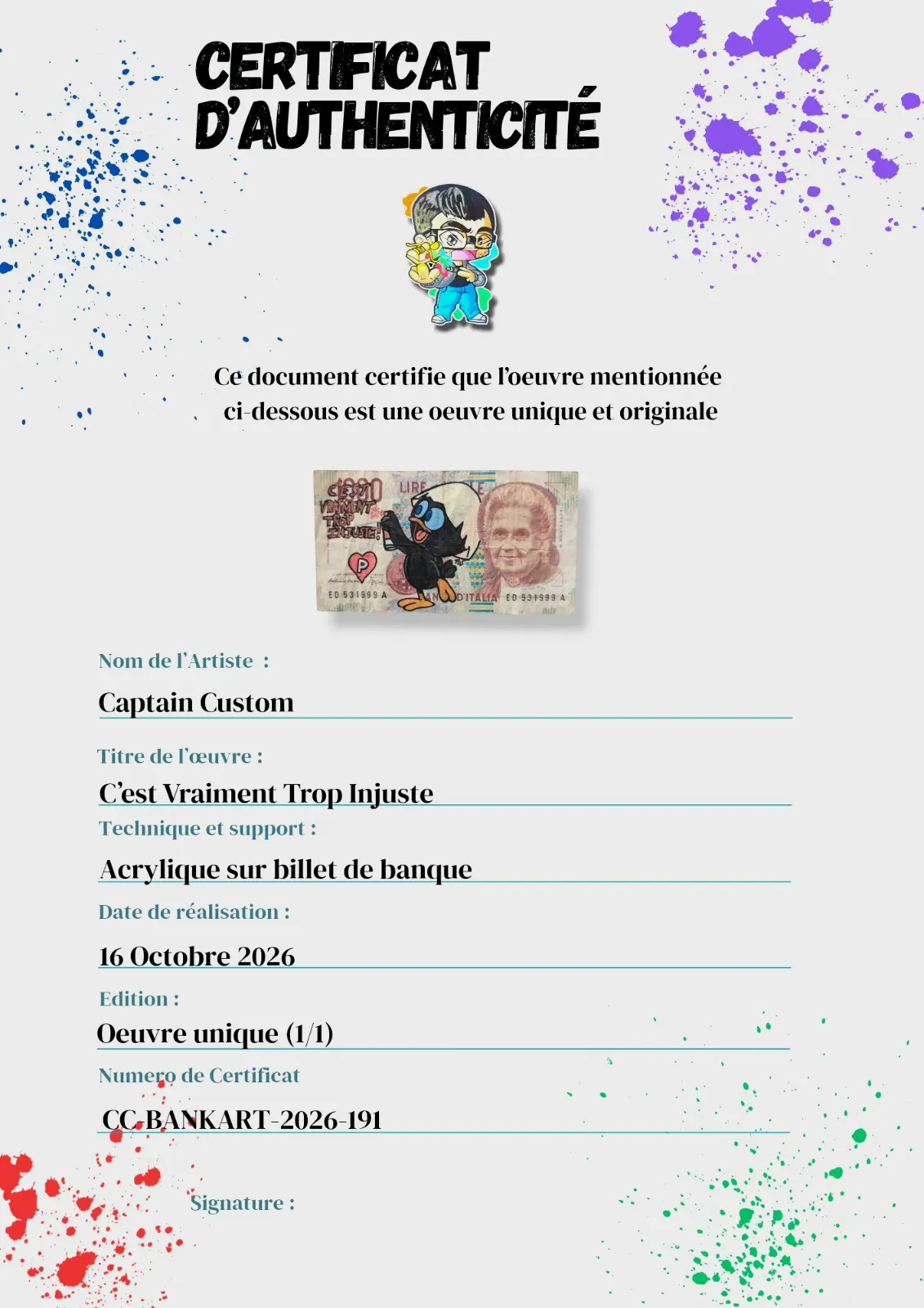 Calimero - Money Art & Street Art sur Billet de 1000 Lire – CAPTAIN CUSTOM 4