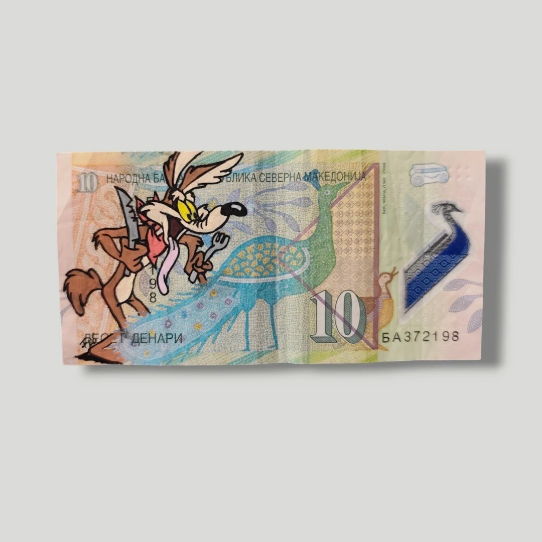 Œuvre Originale Money Art - Wile E. Coyote sur Billet Macédoine