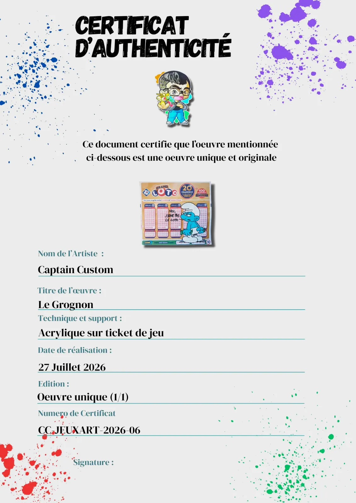 Ticket Custom – Schtroumpf Grognon / Les Schtroumpfs (Grand Loto) – CAPTAIN CUSTOM 4