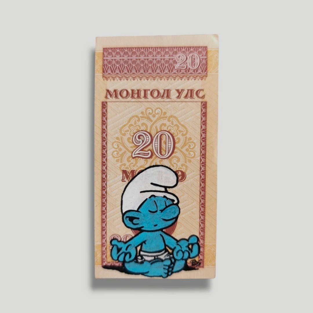 Peinture Originale Money Art – Schtroumpf Yogi (Billet de Mongolie)