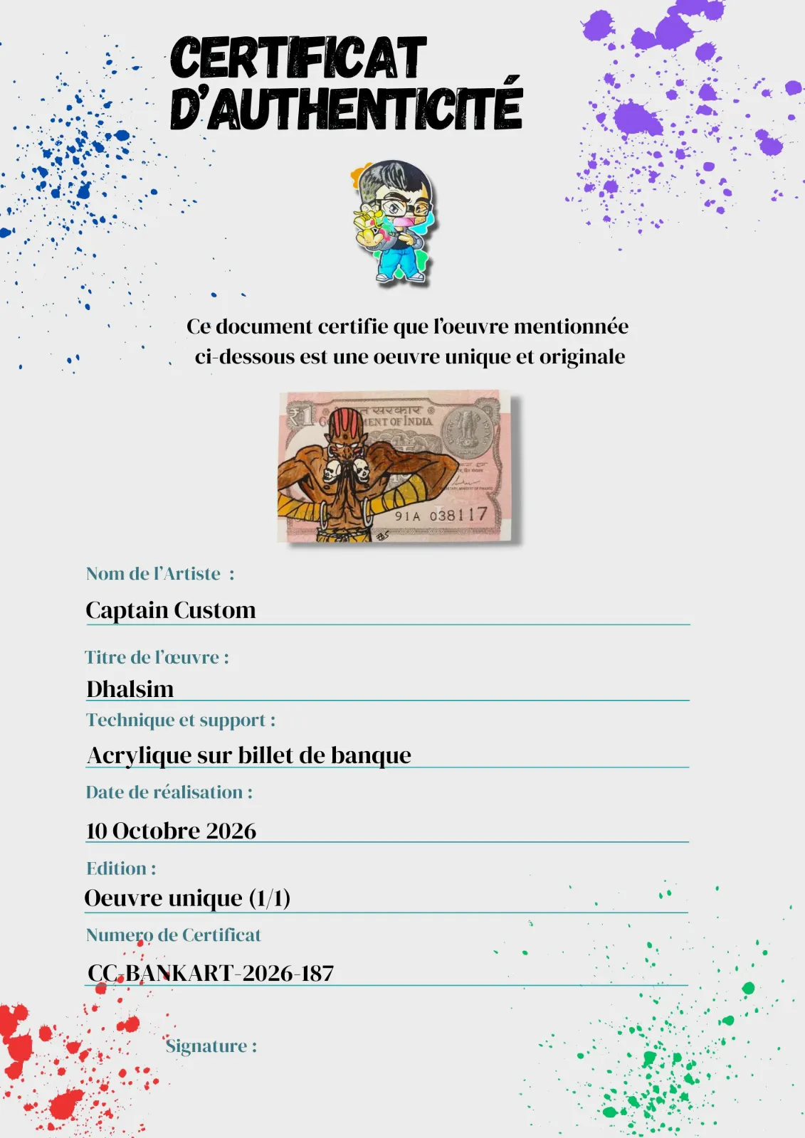 Original Money Art - Dhalsim sur Billet de 1 Roupie Indienne – CAPTAIN CUSTOM 4