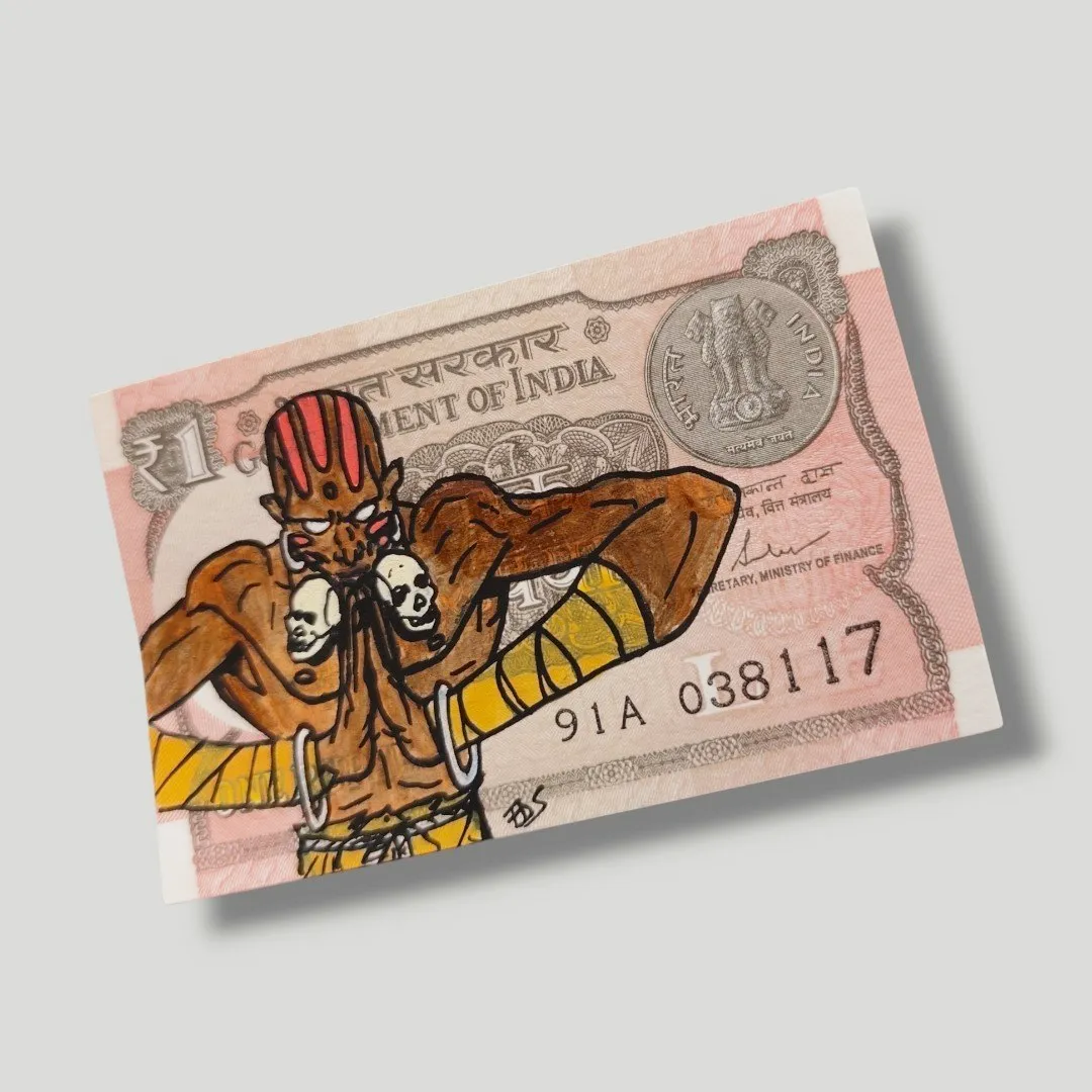 Original Money Art - Dhalsim sur Billet de 1 Roupie Indienne – CAPTAIN CUSTOM 3