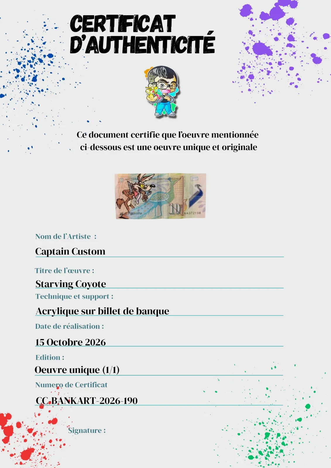 Œuvre Originale Money Art - Wile E. Coyote sur Billet Macédoine – CAPTAIN CUSTOM 4
