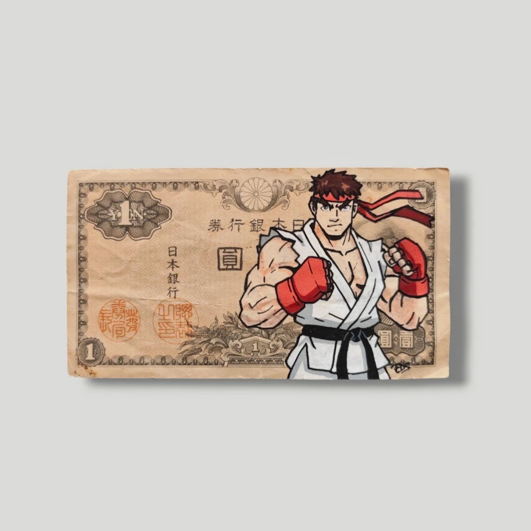 Œuvre Pop Art "Ryu Street Fighter" sur Billet de 1 Yen Japonais Authentique