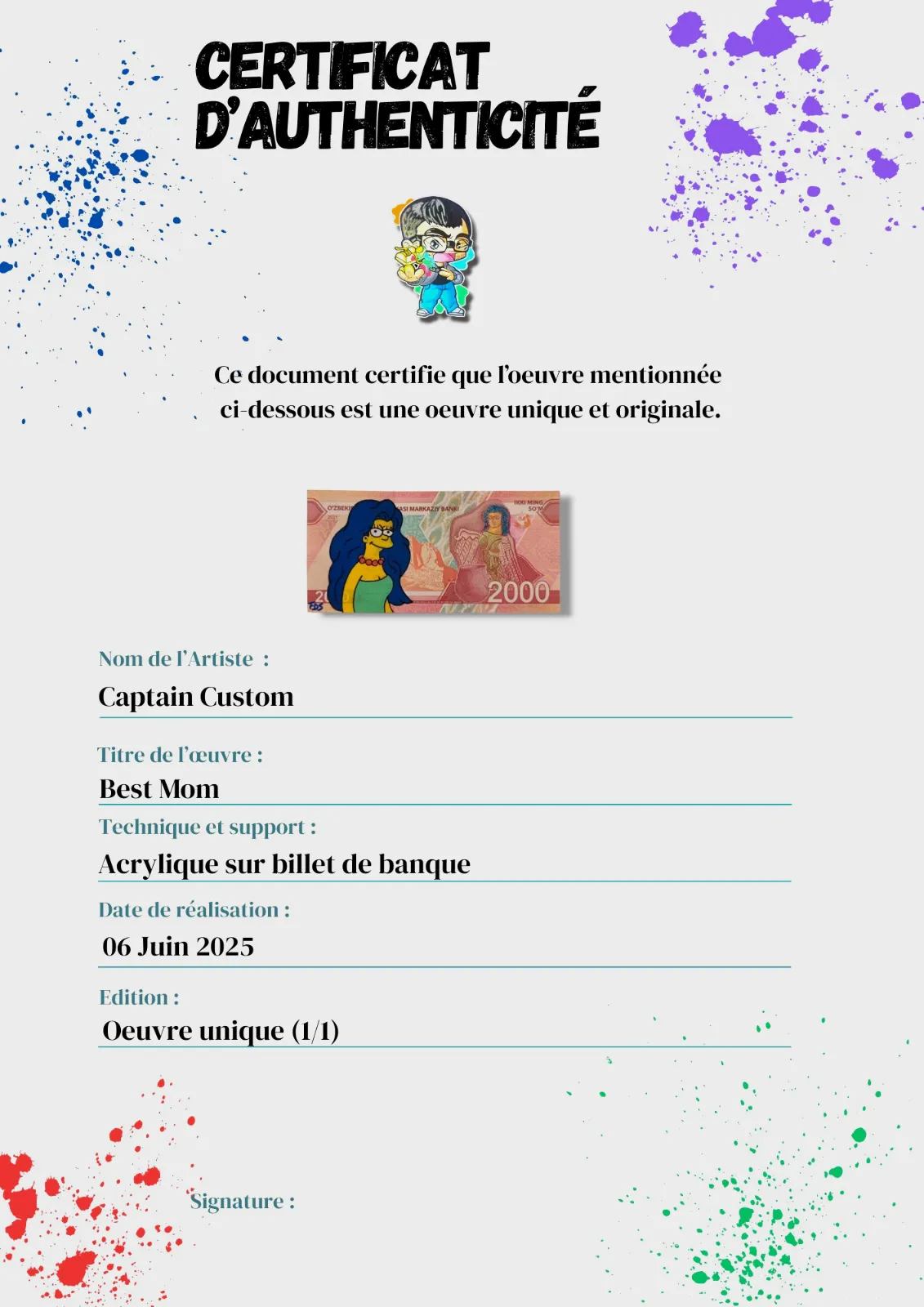 Billet Custom – Marge Simpson / Les Simpson (2000 So'm d'Ouzbékistan) – CAPTAIN CUSTOM 3