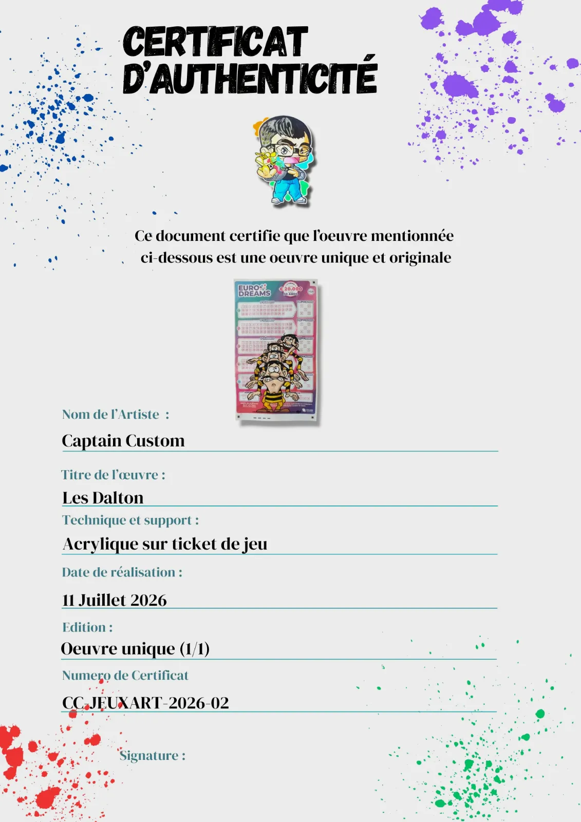Ticket Custom – Les Dalton / Lucky Luke (EuroDreams) – Vendu sous cadre – CAPTAIN CUSTOM 4