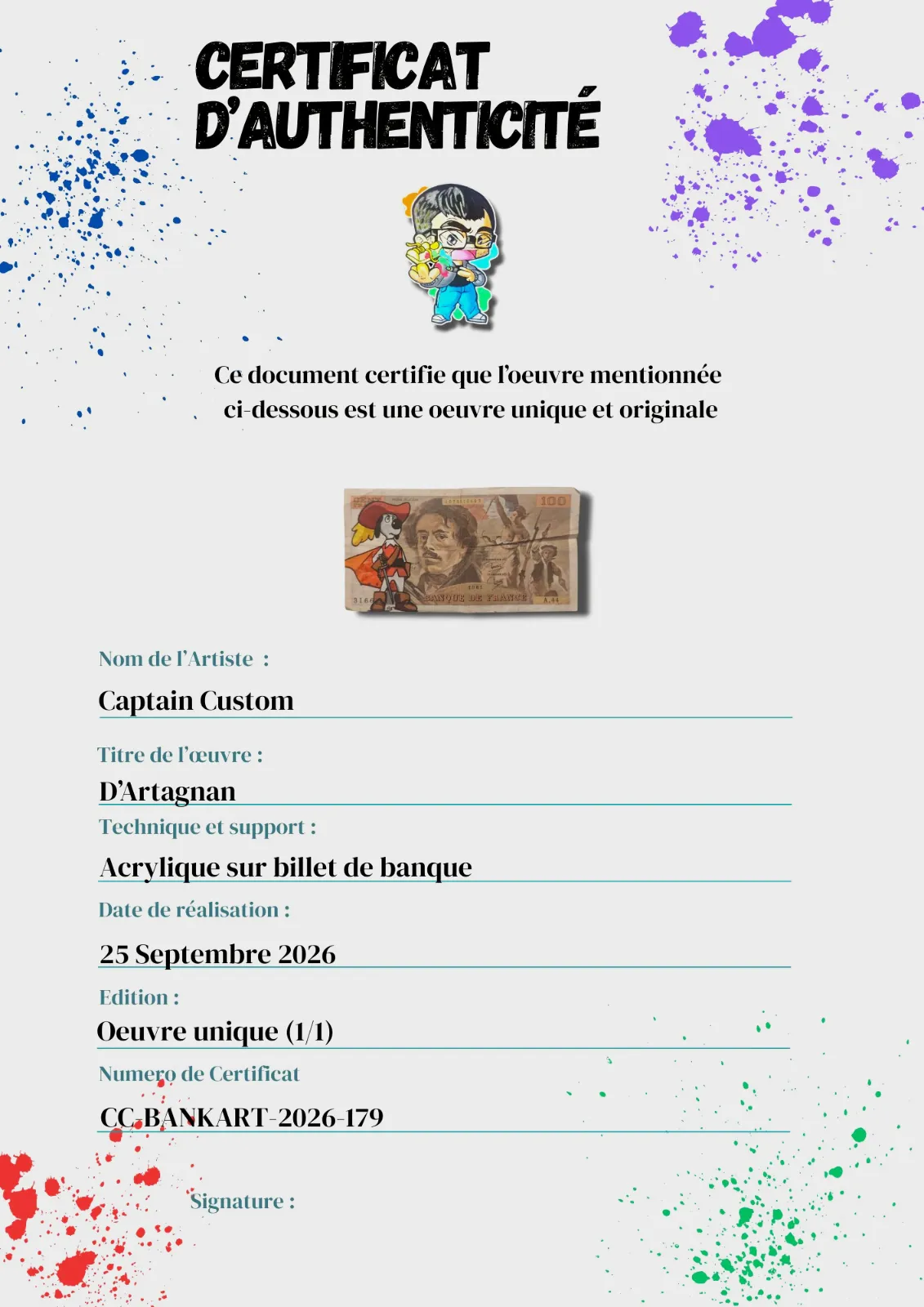 Billet Custom – Dogtanian / D'Artagnan (100 Francs Eugène Delacroix) – CAPPTAIN CUSTOM 3