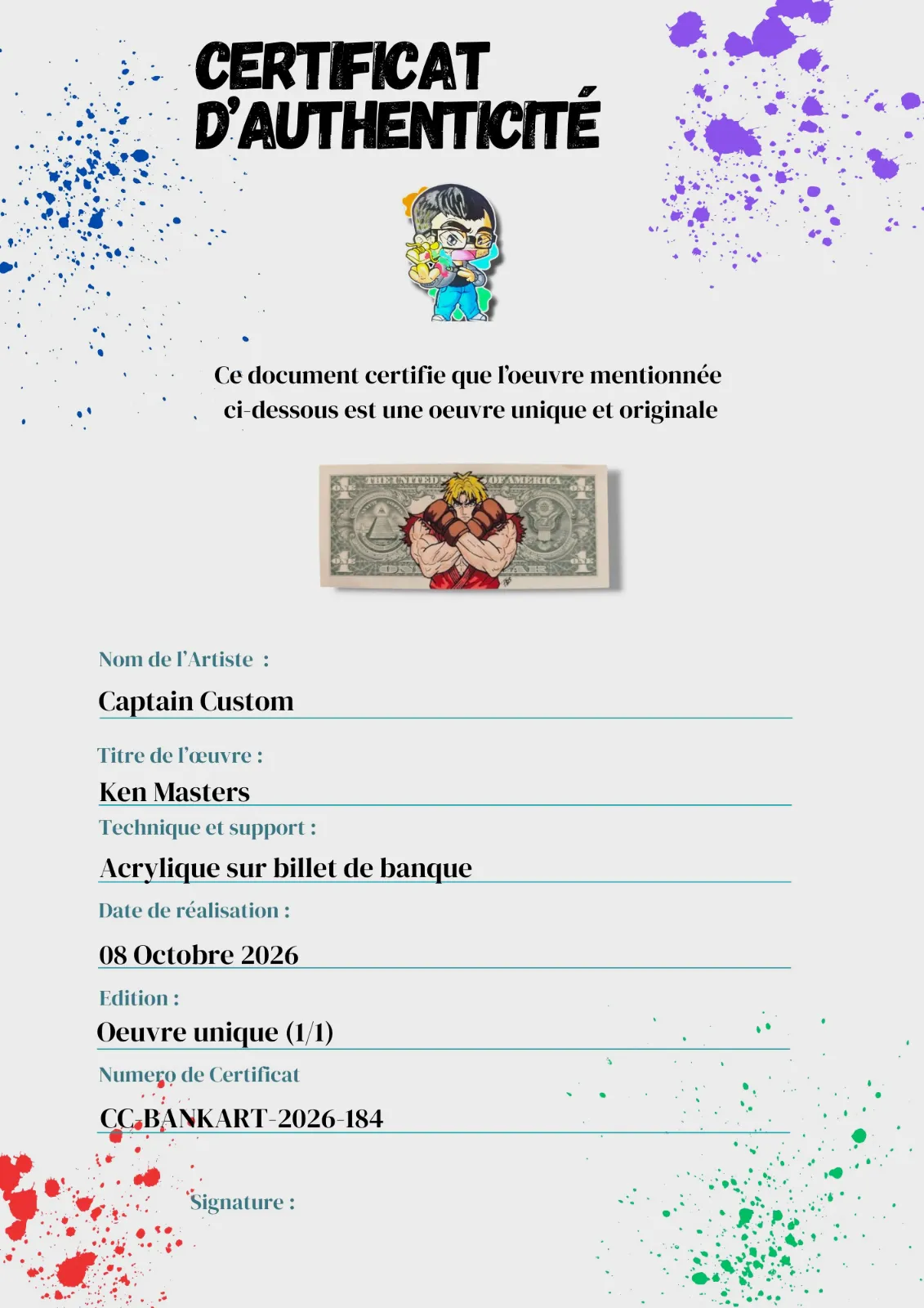 Ken Masters Street Fighter - Money Art & Pop Art sur Billet Américain – CAPTAIN CUSTOM 4