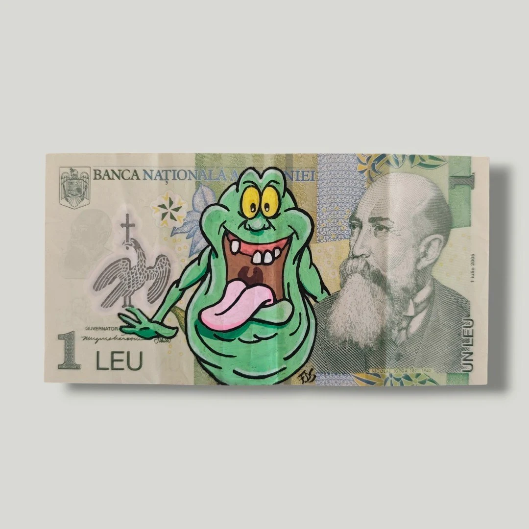 Œuvre Money Art "Bouffe tout mon argent" - Bouffe-tout sur billet de Roumanie