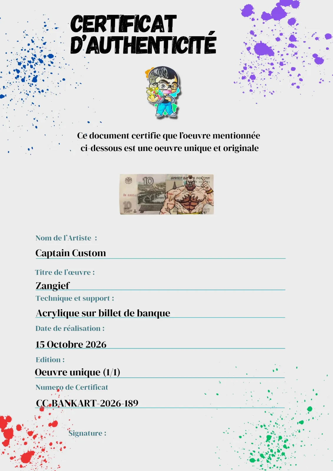 Œuvre Money Art originale - Zangief (Street Fighter) sur billet de 10 Roubles – CAPTAIN CUSTOM 5