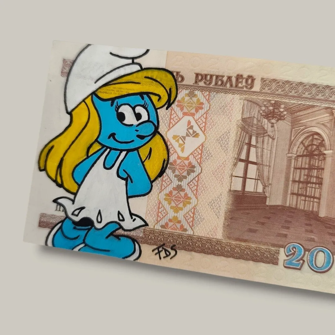 Œuvre Unique Pop Art : La Schtroumpfette sur un vrai billet de Bielorussie – Captain Custom 2