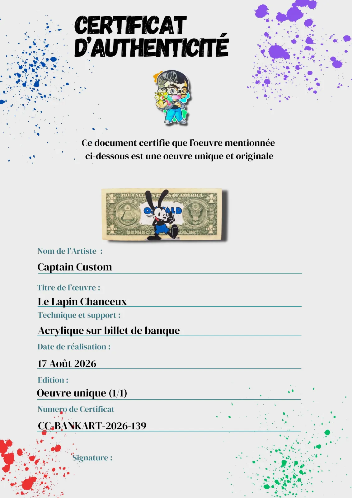 Billet Authentique Custom – USA & Oswald le Lapin Chanceux – Captain Custom 4