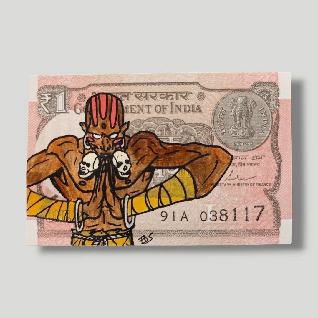 Original Money Art - Dhalsim sur Billet de 1 Roupie Indienne