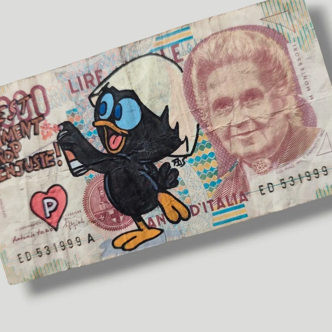 Calimero - Money Art & Street Art sur Billet de 1000 Lire – CAPTAIN CUSTOM 2